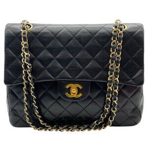 Chanel Vintage 1980's Black Leather Classic Square Double Flap Bag